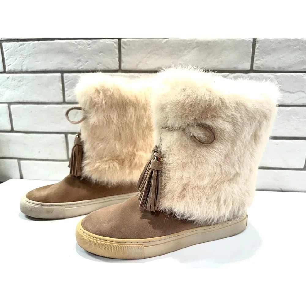 Tory Burch Tan Suede Fur Trimmed Tassel Boots Women's Size 6M‎